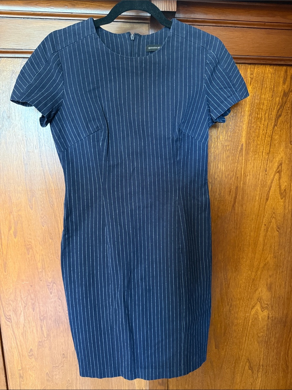 Vintage Banana Republic Navy and White Pinstripe Midi Sheath Dress